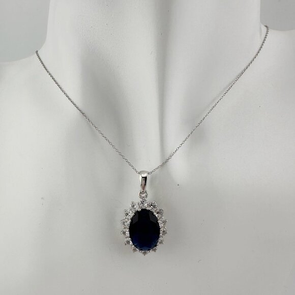Stunning 6.40 Carat Imperial Lab Created  Blue Sapphire Pendant Necklace - Picture 7 of 16